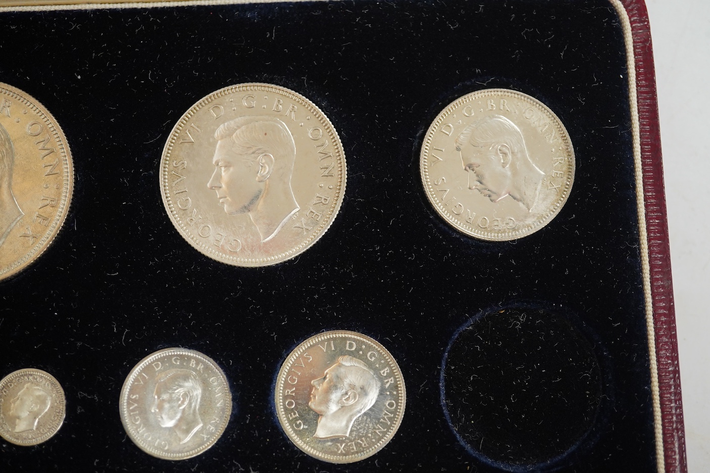 British coins, George VI, specimen coronation coin set, 1937, comprising farthing to crown, Maundy 1d - 4d (14 of 15, one shilling lacking), white residue to some coins otherwise proof like UNC